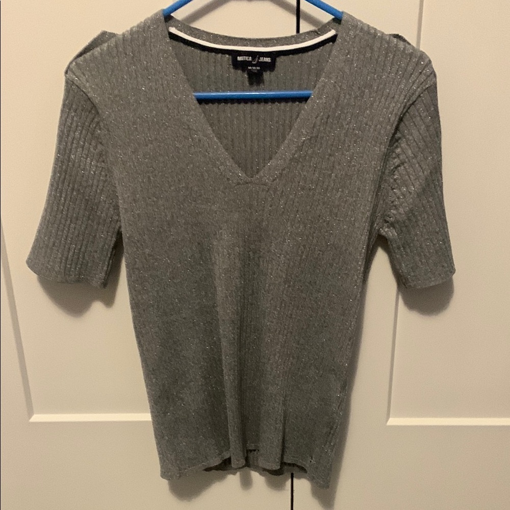 Gray V-Neck Ribbed Short Sleeve Top